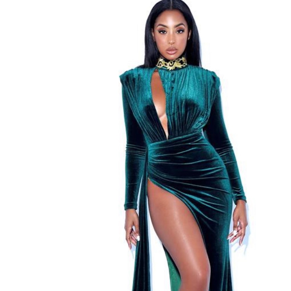 Zenaida Emerald Green Cutout High Slit Velvet Gown
